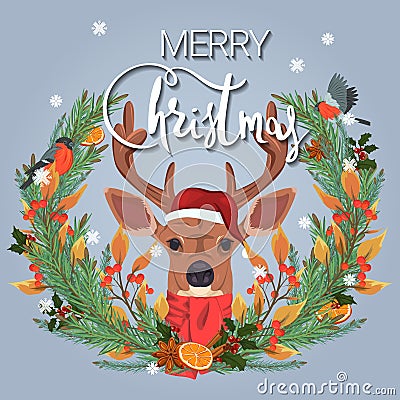 Merry Christmas. Illustration of the festive wreath of fir branches, citrus and spices and cute deer Vector Illustration