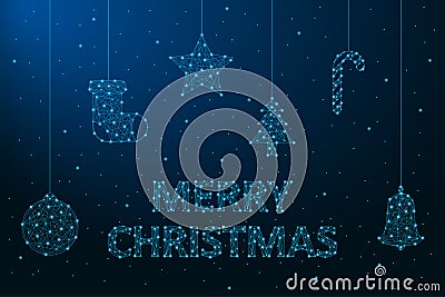 Merry Christmas illustration made by points and lines, polygonal wireframe mesh, Christmas decorations. Holiday card or banner. Vector Illustration