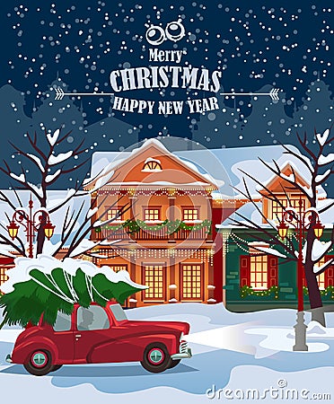 Merry Christmas illustration. Winter landscape. Merry Christmas and Happy New Year greeting card Vector Illustration