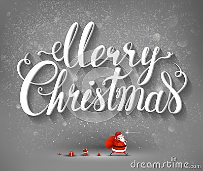 Merry Christmas inscription and Santa Claus with gifts Vector Illustration