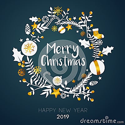 Merry Christmas Inside Circle Golden Ornament Card on Dark Teal Vector Illustration