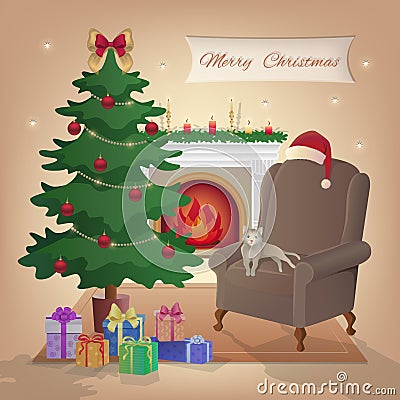 Merry Christmas interior with fireplace, Christmas tree, armchair, boxes with gifts, candles, Santa Claus hat, decorations, cat Vector Illustration