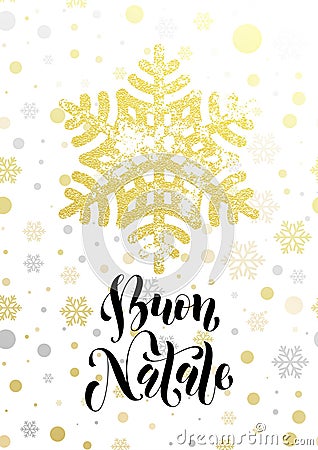 Merry Christmas Italian Buon Natale greeting card golden glitter snowflake Vector Illustration