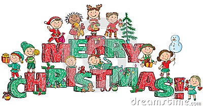 Merry Christmas kids on letters Vector Illustration