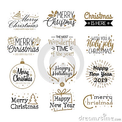 Merry christmas labels and greetings set Vector Illustration