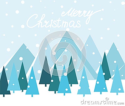 Merry Christmas Landscape. Vector. Christmas card with trees and mountains Cartoon Illustration
