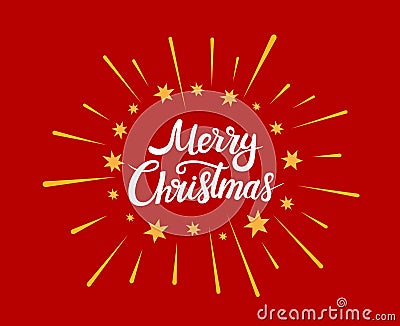 Merry Christmas lettering designs. Vector white and yellow illustrations in a fireworks shape on a red background. Calligraphic Cartoon Illustration