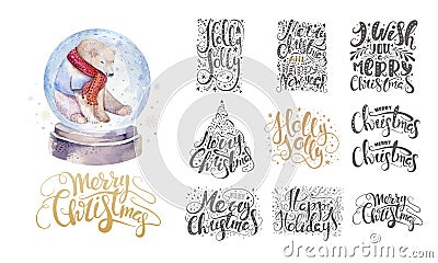 Merry christmas lettering over with snowflakes and bear. Hand dr Stock Photo