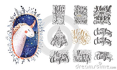 Merry christmas lettering over with snowflakes and bear. Hand dr Stock Photo