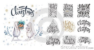 Merry christmas lettering over with snowflakes and bunnies. Hand Stock Photo