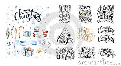 Merry christmas lettering over with snowflakes. Hand drawn text, calligraphy for your design. xmas design overlay elements Stock Photo