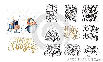 Merry christmas lettering over with snowflakes and penguins. Han Stock Photo