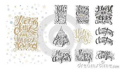 Merry christmas lettering over with snowflakes and penguins. Han Vector Illustration