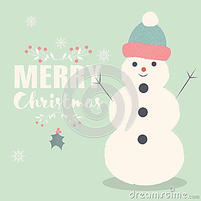 Merry Christmas lettering postcard with smiling Snowman Vector Illustration