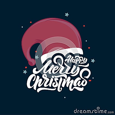 Merry Christmas lettering on Santa Claus hat . Happy New Year 2018.Christmas Typography. Vector logo, emblems, text design. Stock Photo