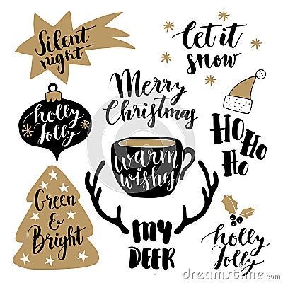 Merry Christmas lettering set. Hand lettered quotes for greeting cards, gift tags. Typography collection. Vector. Vector Illustration