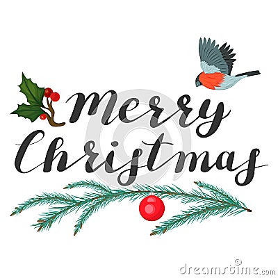 Merry Christmas. Lettering with spruce branch and bird Vector Illustration