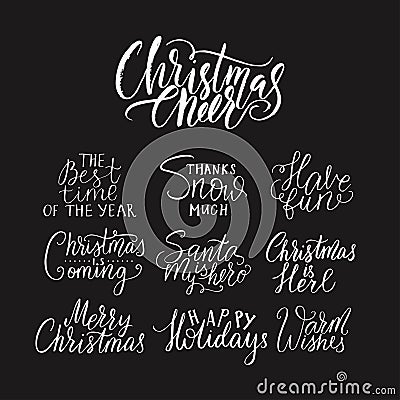 Merry Christmas lettering typography. Handwriting text design with winter handdrawn lettering. Happy New Year greeting Vector Illustration