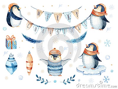 Merry Christmas lettering with watercolour fun pinguin. Stock Photo