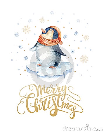 Merry Christmas lettering with watercolour fun pinguin. New year card. Stock Photo