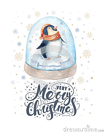 Merry Christmas lettering with watercolour fun pinguin. Stock Photo