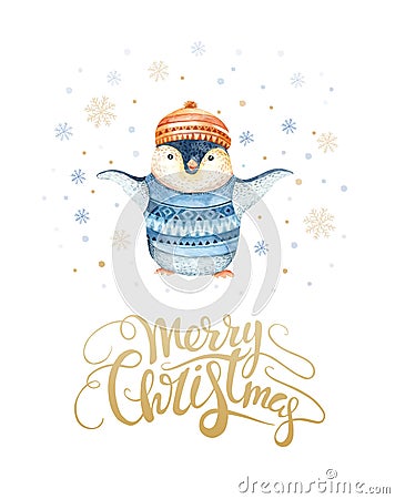 Merry Christmas lettering with watercolour fun pinguin. Stock Photo