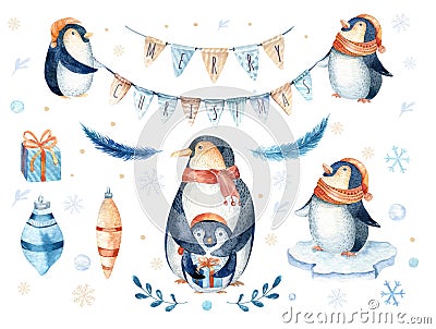 Merry Christmas lettering with watercolour fun pinguin. Stock Photo