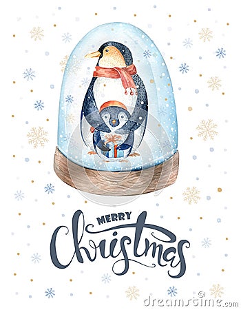 Merry Christmas lettering with watercolour fun pinguin. Stock Photo