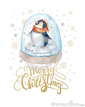 Merry Christmas lettering with watercolour fun pinguin. Stock Photo