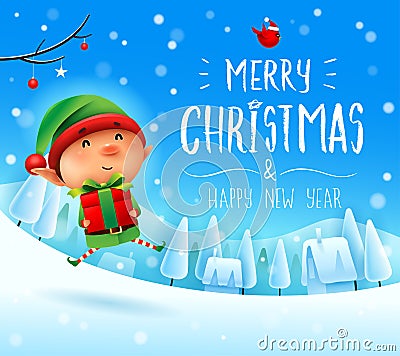 Merry Christmas! Little elf with gift present in Christmas snow scene winter landscape Vector Illustration