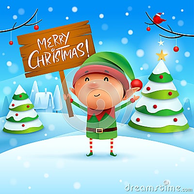 Merry Christmas! Little elf holds wooden board sign in Christmas snow scene winter landscape Vector Illustration