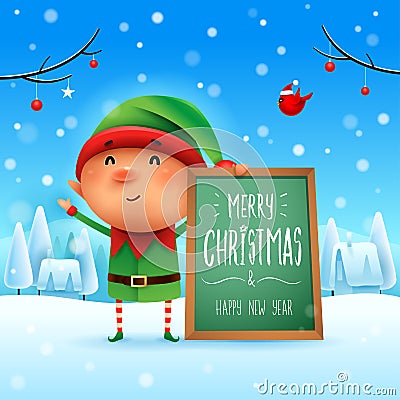 Merry Christmas! Little elf with message board in Christmas snow scene winter landscape Vector Illustration