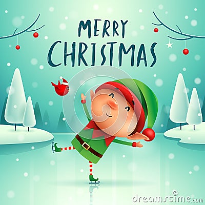 Merry Christmas! Little elf on skates in Christmas snow scene winter landscape Vector Illustration