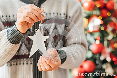 Merry christmas man white handmade star ornament Stock Photo