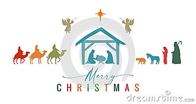 Merry Christmas. Mary, Joseph, Jesus in manger, wisemen, shepherds, angels and Bethlehem star Vector Illustration