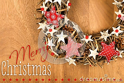 Merry Christmas Message Wreath Decoration White and Red Stars Gi Stock Photo