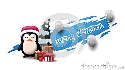 Merry Christmas, modern postcard with white balloons and penguin in Santa Claus hat with presents. Blue torn banner. Vector Illustration