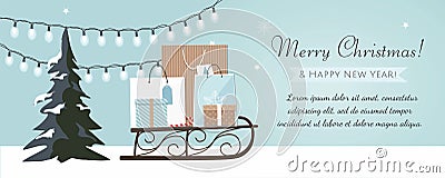 Merry Christmas and New Year banner with Christmas tree, gift boxes and garland on blue Background. Vector Illustration