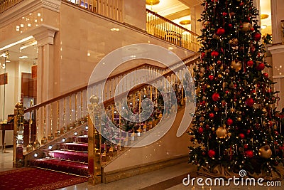 Merry christmas and new year big hall background. cute decor with fir tree Stock Photo