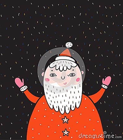 Merry Christmas and New year card with Santa Claus. Vector Holiday Illustration on the confetti background. Vector Illustration