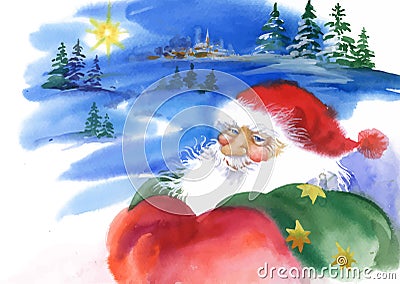 Merry Christmas and New Year card with Santa Claus, watercolor illustration. Vector Illustration