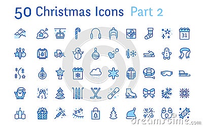 Merry Christmas, new year flat line icons. Gifts, winter sports, presents,skiing, hockey, snowboard, snowball game, snow Vector Illustration
