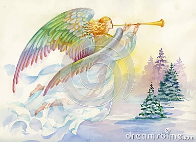 Merry Christmas and New Year Greeting Card with Beautiful Angel with Wings, Watercolor Illustration. Vector Illustration