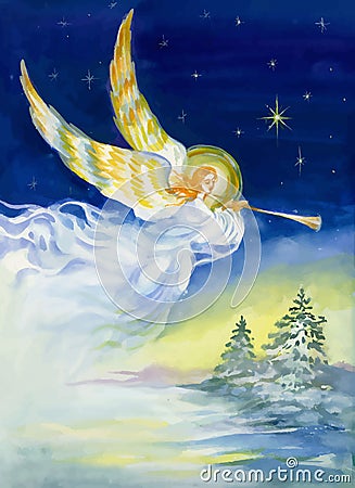 Merry Christmas and New Year Greeting Card with Beautiful Angel with Wings, Watercolor Illustration. Vector Illustration