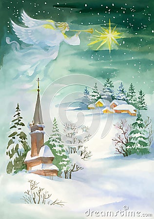 Merry Christmas and New Year Greeting Card with Beautiful Angel with Wings, Watercolor Illustration. Vector Illustration