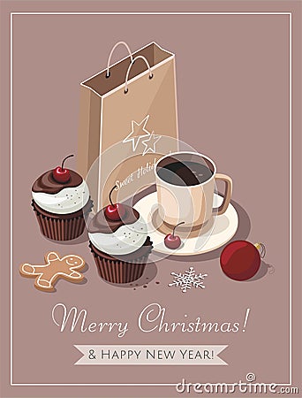 Merry Christmas and New Year greeting card. Cupcakes with cherry and cup of coffee. Vector Illustration