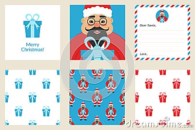 Merry Christmas and New year greeting card set. Seamless patterns. Cute asian Santa. Vector Illustration