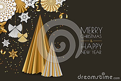 Merry Christmas, New Year greeting card. Vector golden paper decoration snowflakes, christmas tree, angels. Vector Illustration