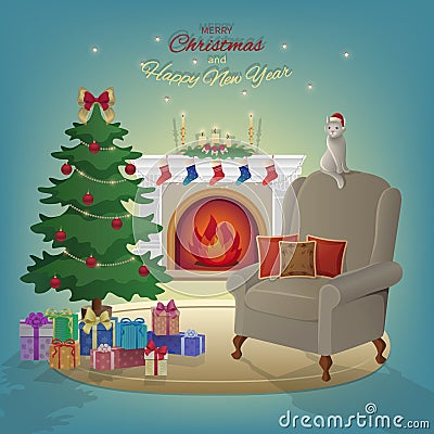 Merry Christmas and New Year interior with fireplace, Christmas tree, armchair, boxes with gifts, candles, socks, decorations, cat Vector Illustration