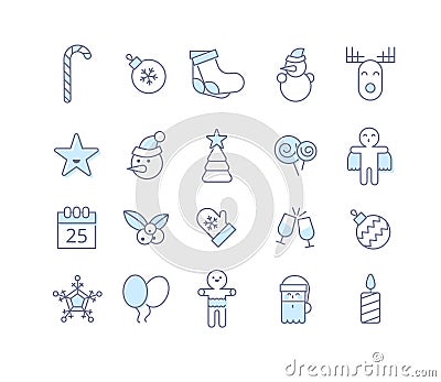 Merry christmas, New Year line winter decoration icons symbols. Vector Illustration